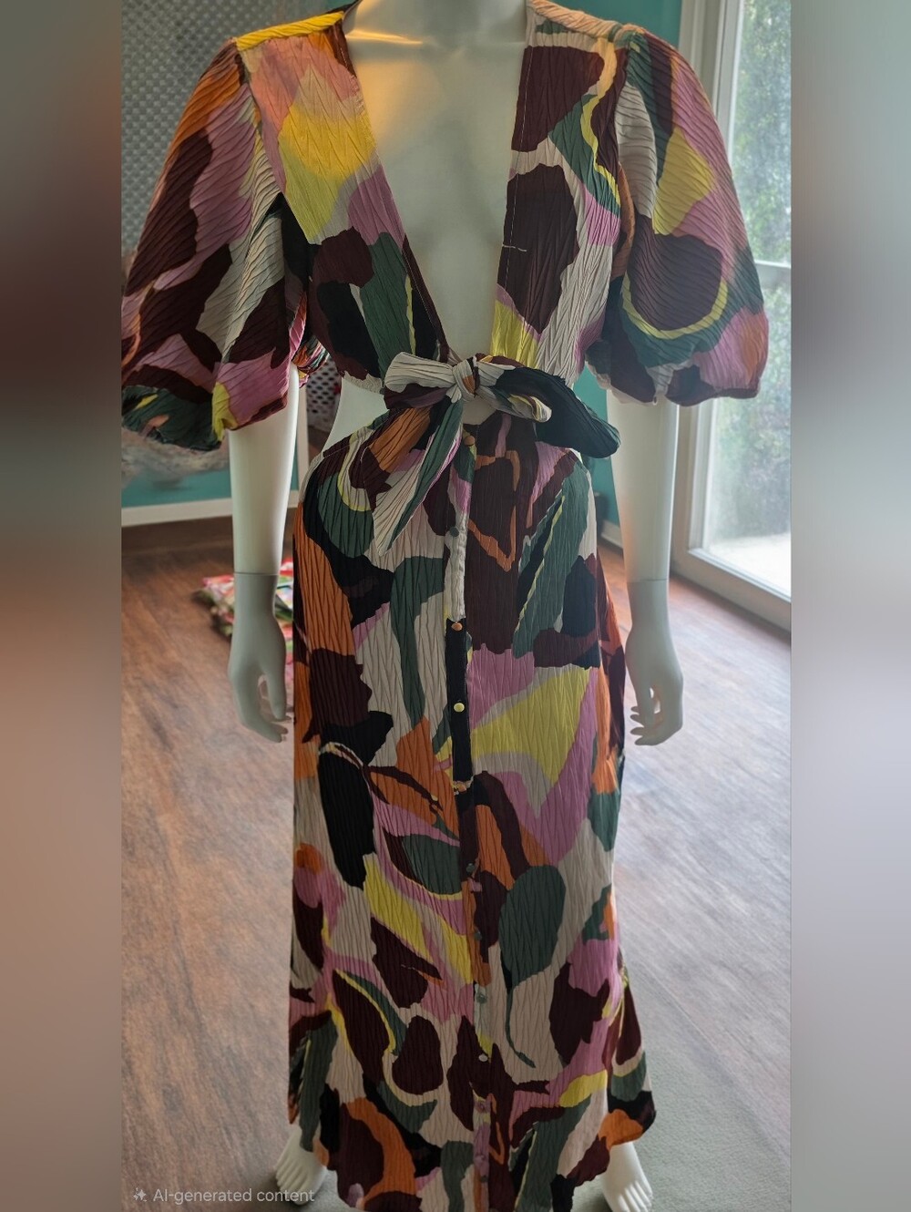 Abstract Multi-Color Tie-Waist Maxi Dress